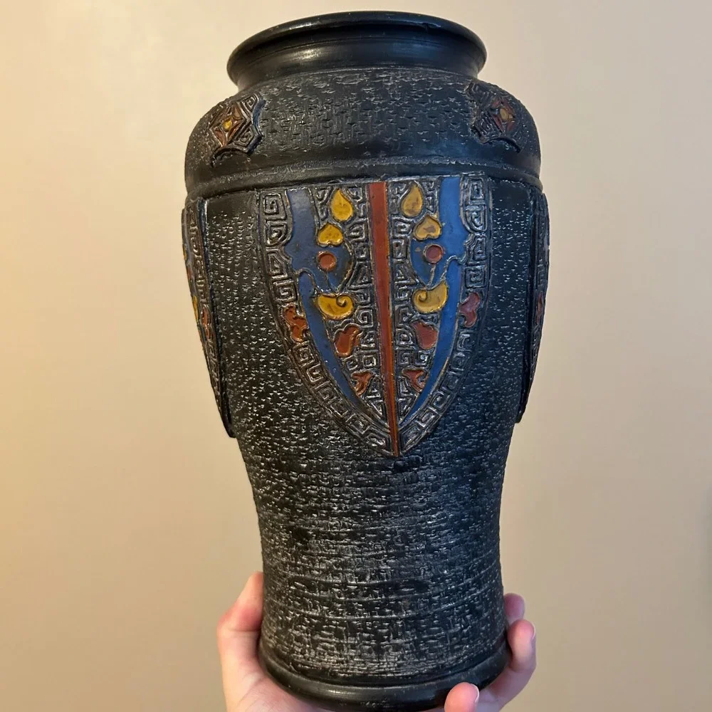 Vintage Japanese Vase Tokanabe Enamed Black Pottery Art Nouveau 1920s 30s